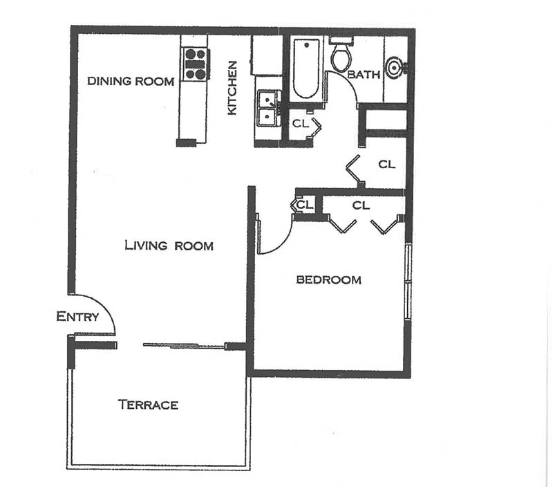 Floor plan for 1 bed, 1 bath